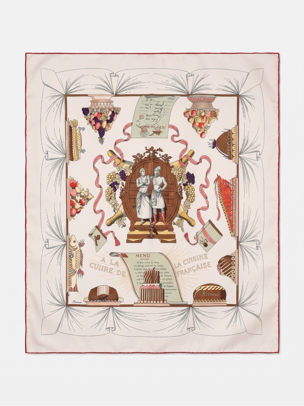 HERMES Vintage French Silk Scarf - Cream with brown & Coral accents